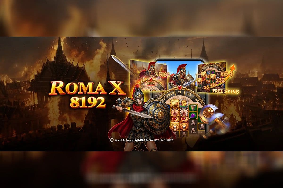 Roma X 8192 slot screen showing cascading symbols, a golden-framed symbol and a multiplier counter on a portrait mobile display