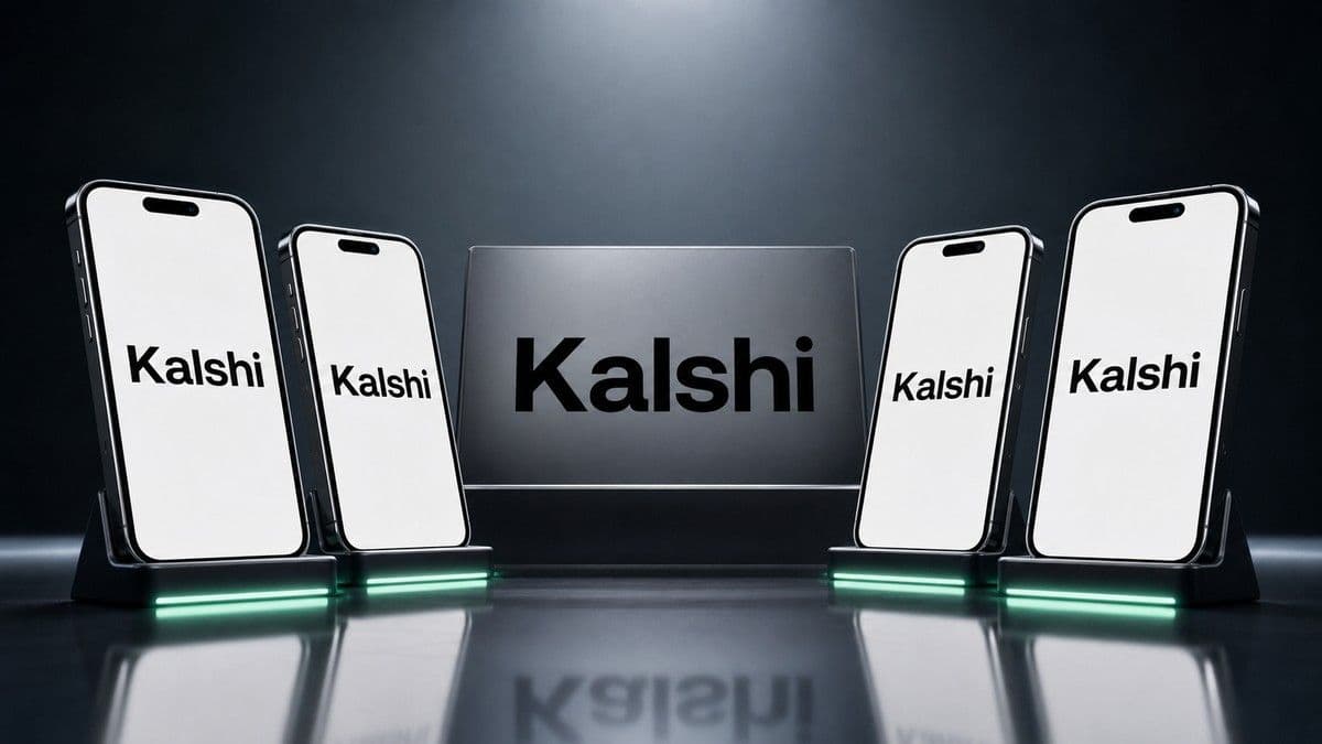 Four tribal logos above a smartphone displaying a Kalshi prediction-market app interface, with a courthouse in the background