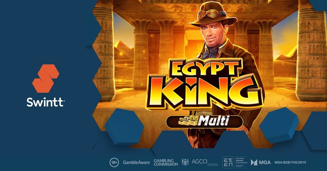 Swintt Egypt King Multi slot reels displaying treasure chests, wilds and a retrigger meter under an Ancient Egypt theme