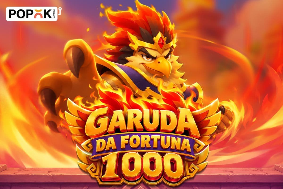 PopOK Gaming promotional art for Garuda Da Fortuna 1000 showing a Garuda motif and multiplier graphics up to x1000