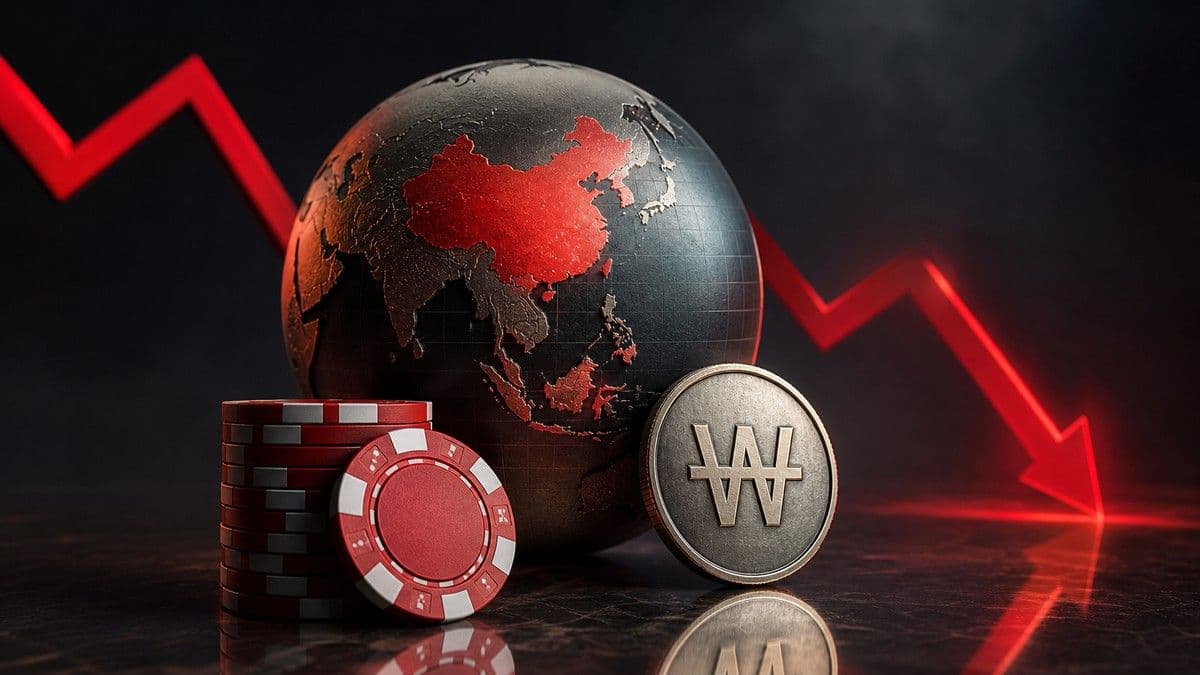 Stock market board showing sharp declines with Korean casino company names and currency symbols