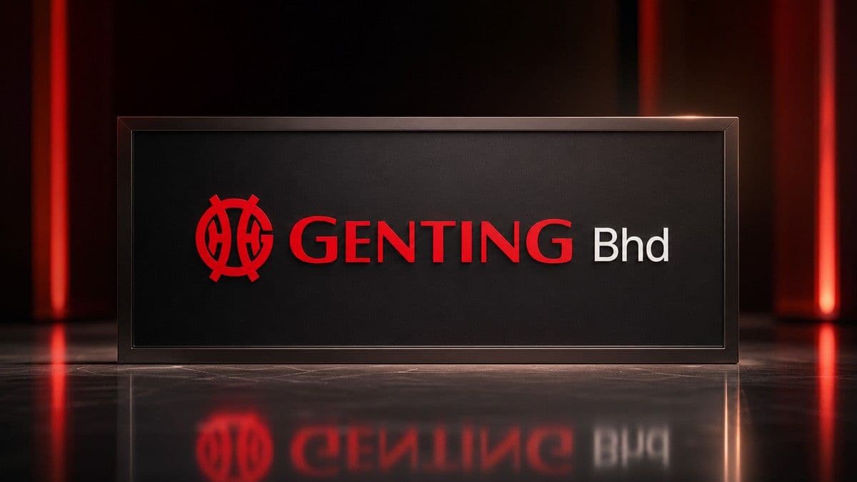 Genting corporate building with financial figures overlay noting MYR1.25bn rights issue and Maybank downgrade