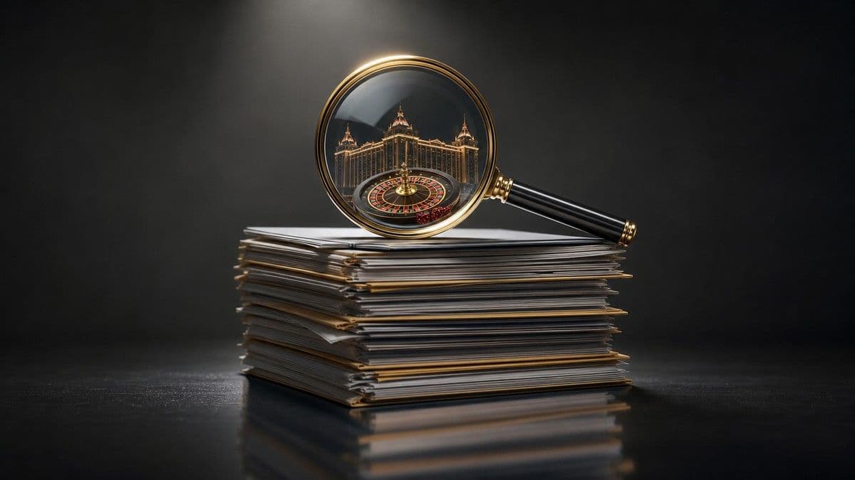 Stack of casino chips and a clipboard showing suspicious transaction report figures for Macau in 2026