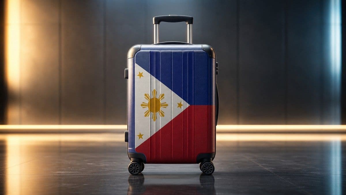 Passengers arriving at a Philippine international airport with a Boracay resort skyline visible, symbolising inbound tourism growth