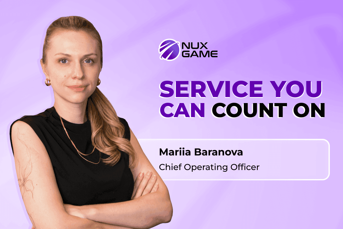 NuxGame COO Mariia Baranova discussing platform service quality and account management in a corporate interview image
