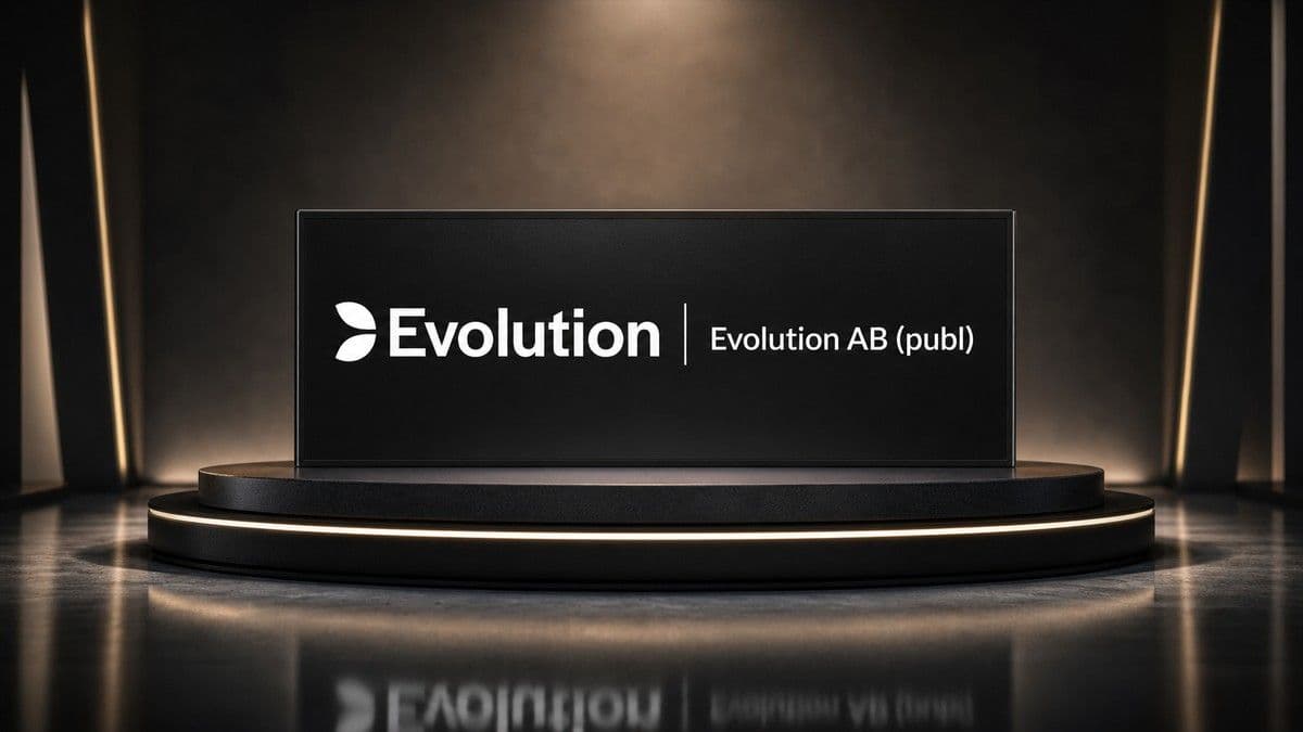 Stacked blue Evolution logo with numerical stock and trade figures overlay representing share repurchase activity on Nasdaq Stockholm