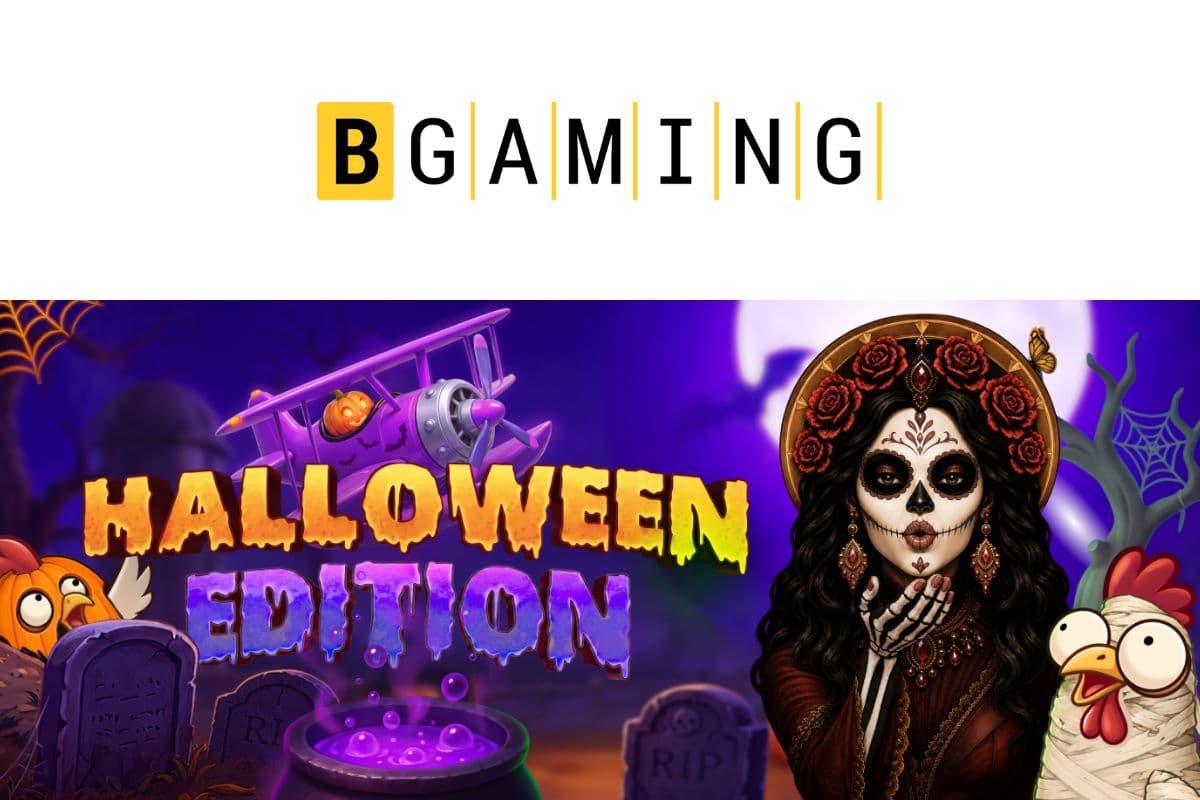 BGaming Halloween release banner showing cauldron, skeleton and playing symbols across five themed slots