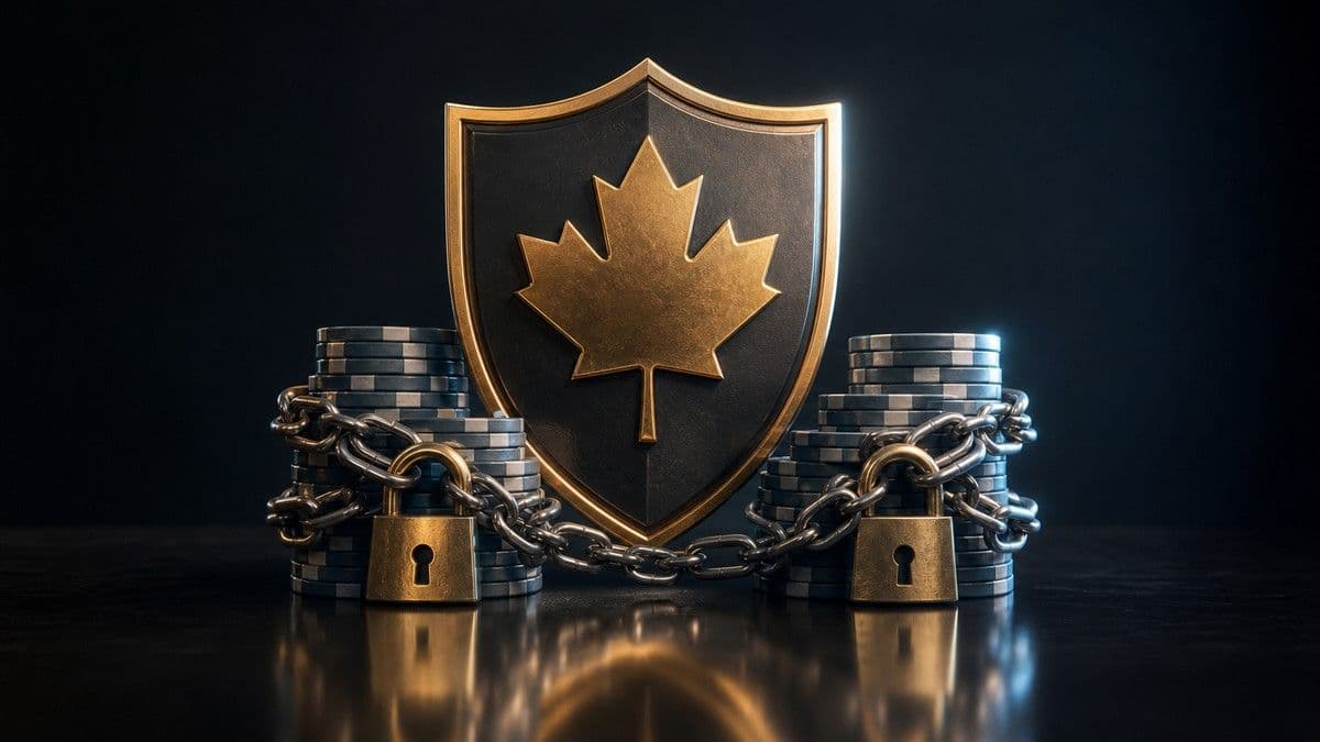 Alberta online betting rollout illustration showing multiple operator logos, a regulator seal and a self-exclusion lock