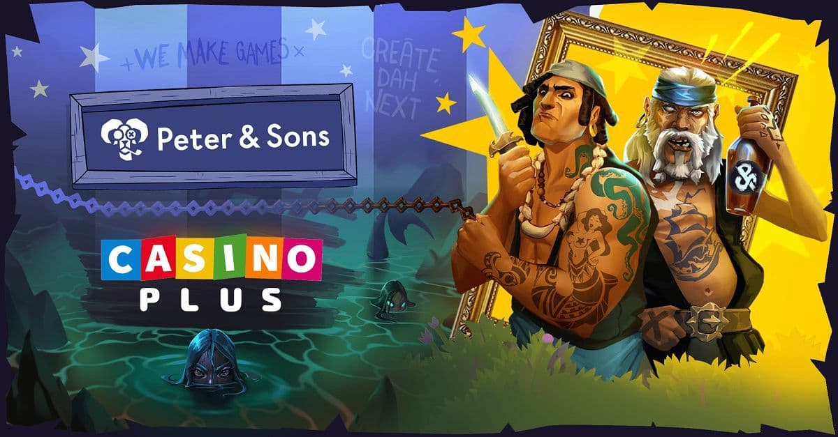 Peter & Sons and Casino Plus partnership announcement with slot game thumbnails and a Philippines map in the background