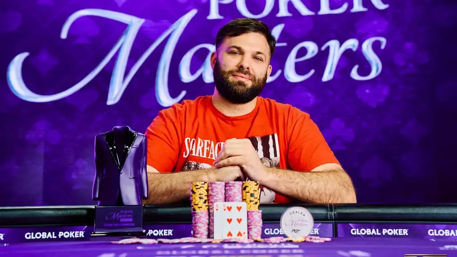 Nick Palma celebrating after winning Event #2 at the PokerGO Tour Poker Masters with the trophy and prize money