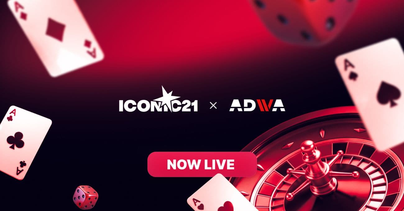 ICONIC21 and Advabet partnership announcement with live casino, slots and virtual games icons