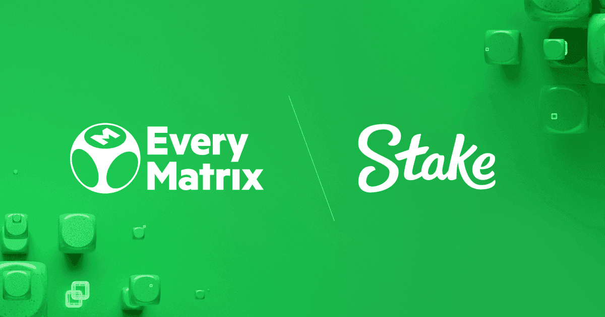 Stake and EveryMatrix partnership illustration with casino games library and regulated markets map