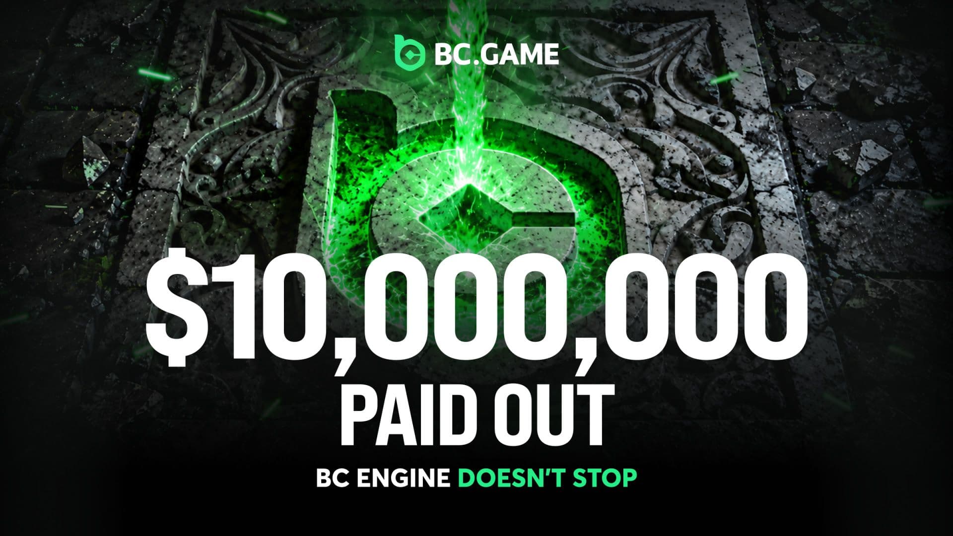 Dashboard-style graphic showing BC Engine cumulative rewards reaching 10 million BCD and partner logos for BC Originals, Croco Gaming and BETBY