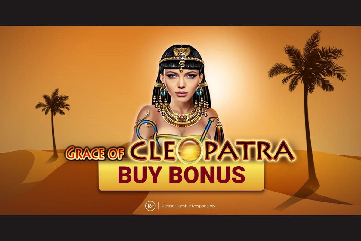 Grace of Cleopatra slot artwork showing Cleopatra and Ancient Egyptian motifs with a Free Spins and Buy Bonus callout