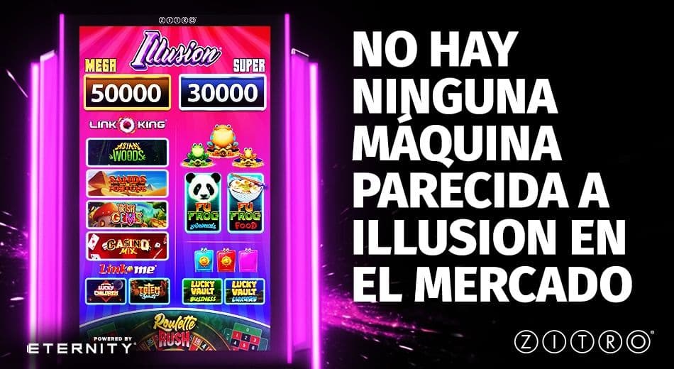 Máquina Illusion en mueble Eternity mostrando Magic Lighting y pantalla de juego en un bar