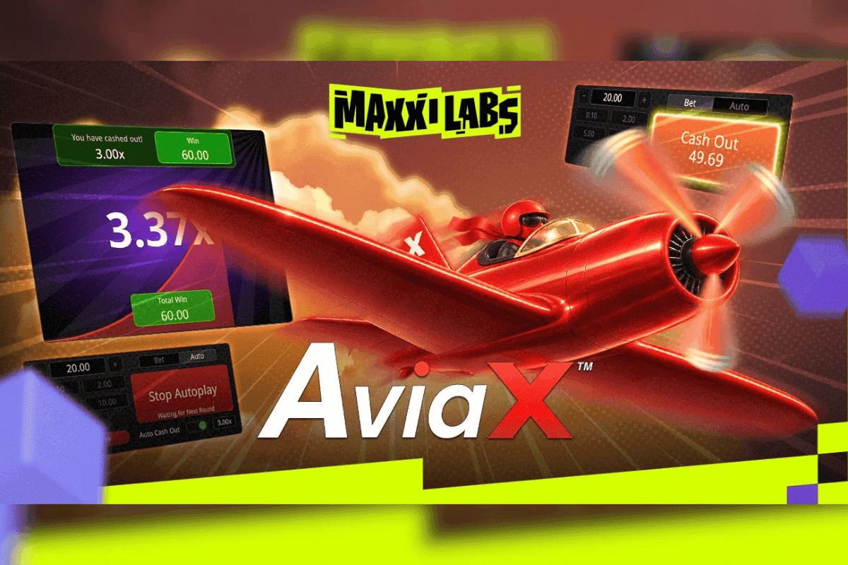 Maxxi Labs AviaX crash game screen showing a rising plane multiplier and dual betting panels