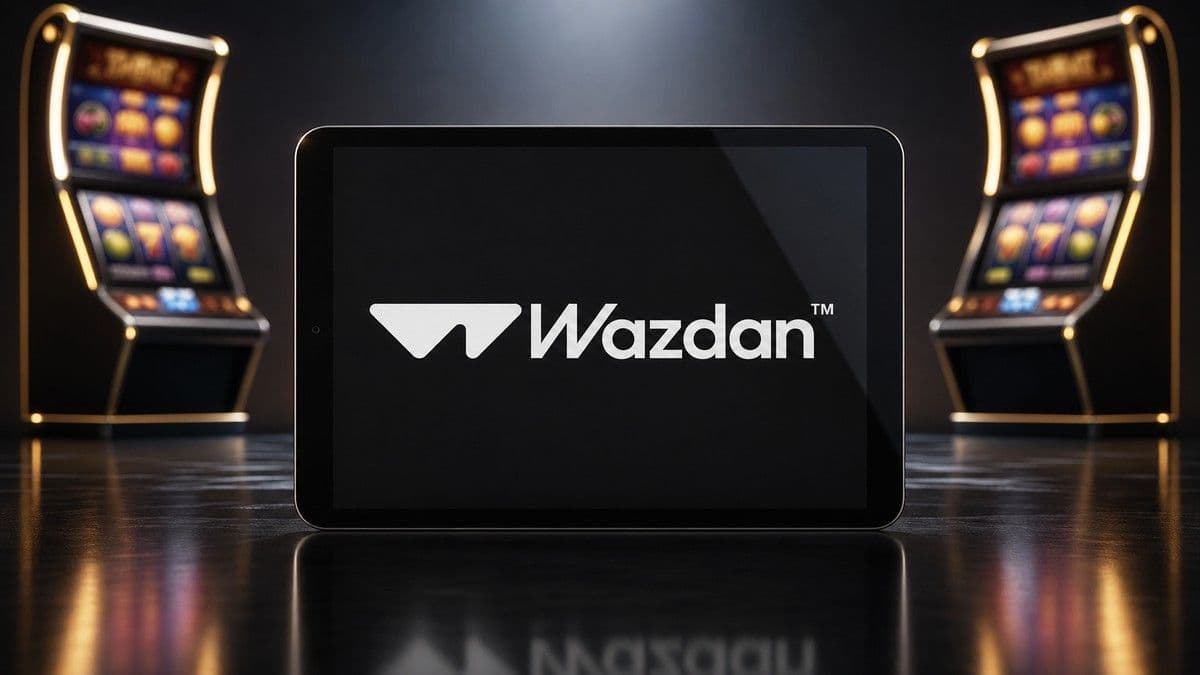 Wazdan exhibition stand at SBC Summit 2026 showing slot artwork and delegates viewing games