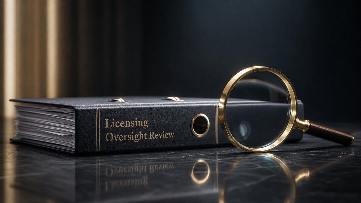 Sello de la National Audit Office sobre documentos que detallan la licencia de la National Lottery en el Reino Unido