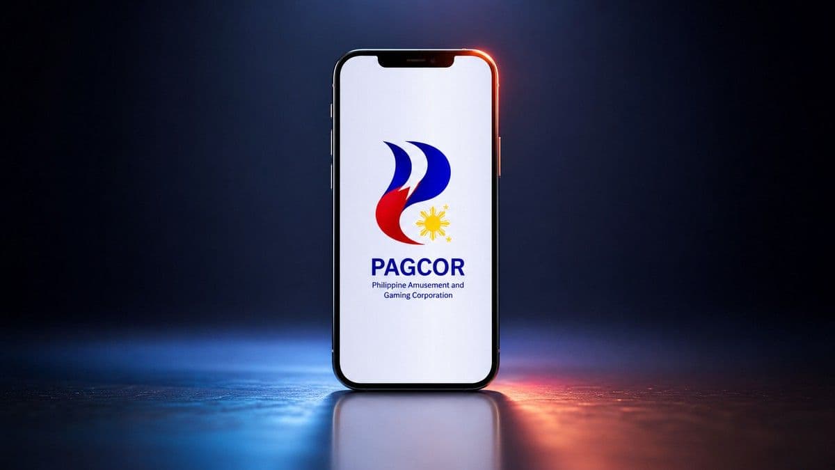 Pagcor office signage with a mobile phone displaying a verification app interface