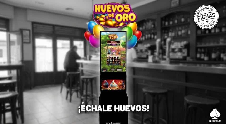 Máquina recreativa Huevos de Oro de R. Franco instalada en un bar mostrando su panel y letrero «¡Échale huevos!»