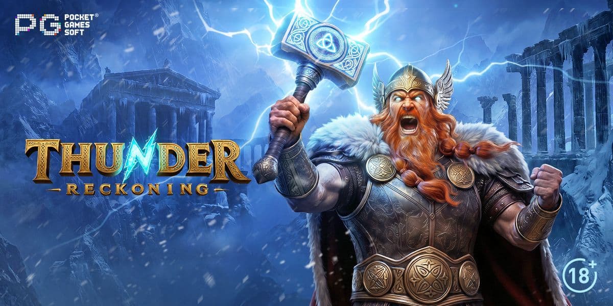 Thunder Reckoning slot screen showing a Norse 5x6 grid with cascading symbols and Prize Symbols forming