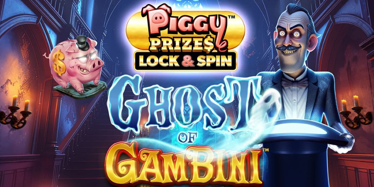 Promotional art for Piggy Prizes: Ghost of Gambini slot showing chained coin and pig pot symbols and a spectral Gambini on the centre reel