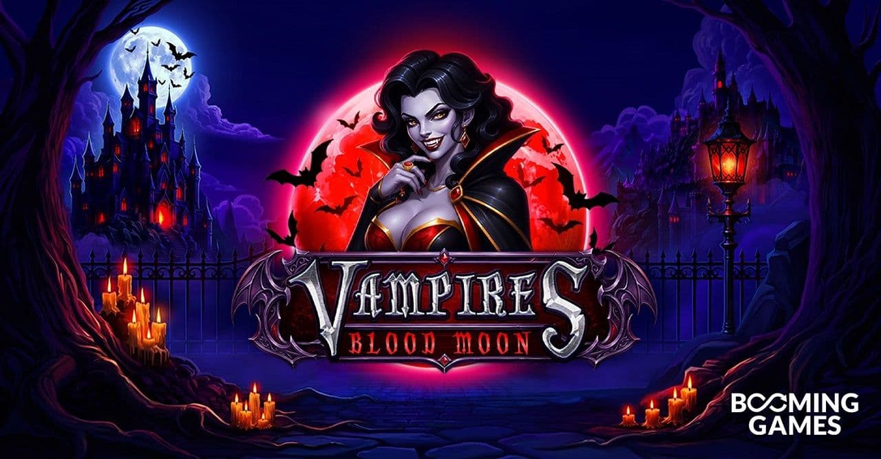 Arte promocional de Vampires: Blood Moon mostrando una cuadrícula 5x4, lunas y símbolos vampíricos en tonos oscuros