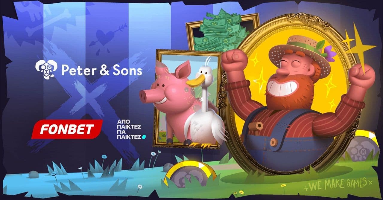 Screenshot of a casino homepage showing a Peter & Sons category and slot thumbnails on fonbet.gr