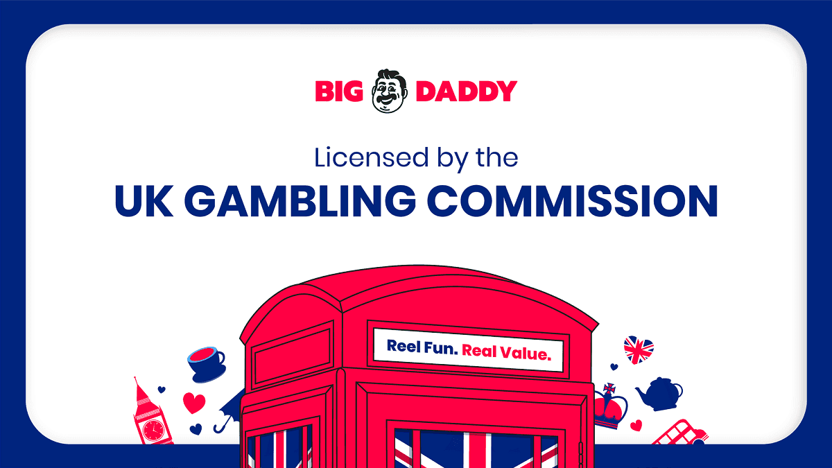 Big Daddy Gaming logo with UK Gambling Commission document and slot symbols indicating new UK supplier licence