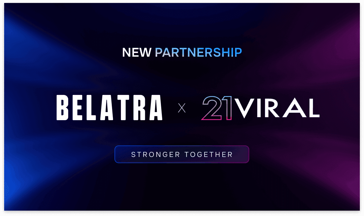 Logotipos de Belatra Games y 21Viral junto a portafolio de slots y mapa de Latinoamérica