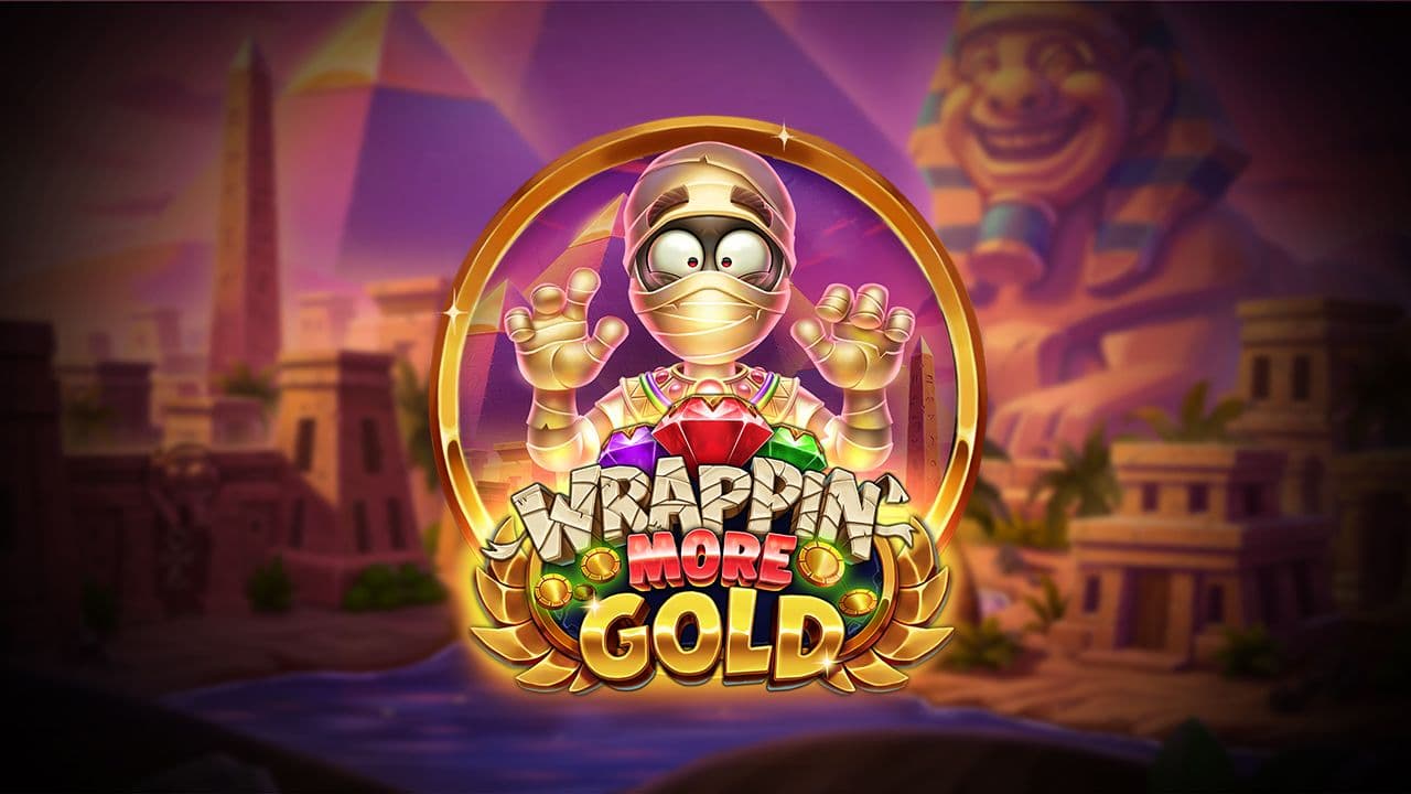 Wrappin' More Gold slot visual showing a growing mummy, three coloured gem pots and golden Ancient Egypt motifs