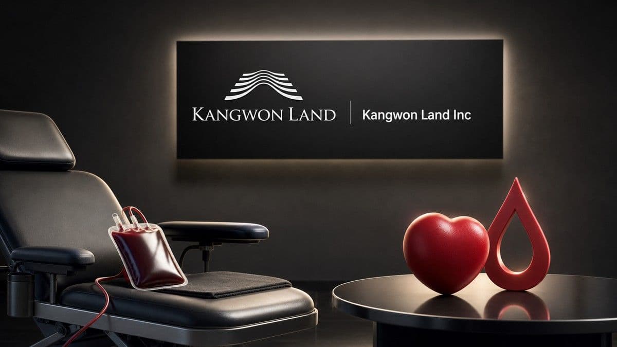 Volunteers and staff at a Kangwon Land blood donation drive inside the resort complex with donation signage