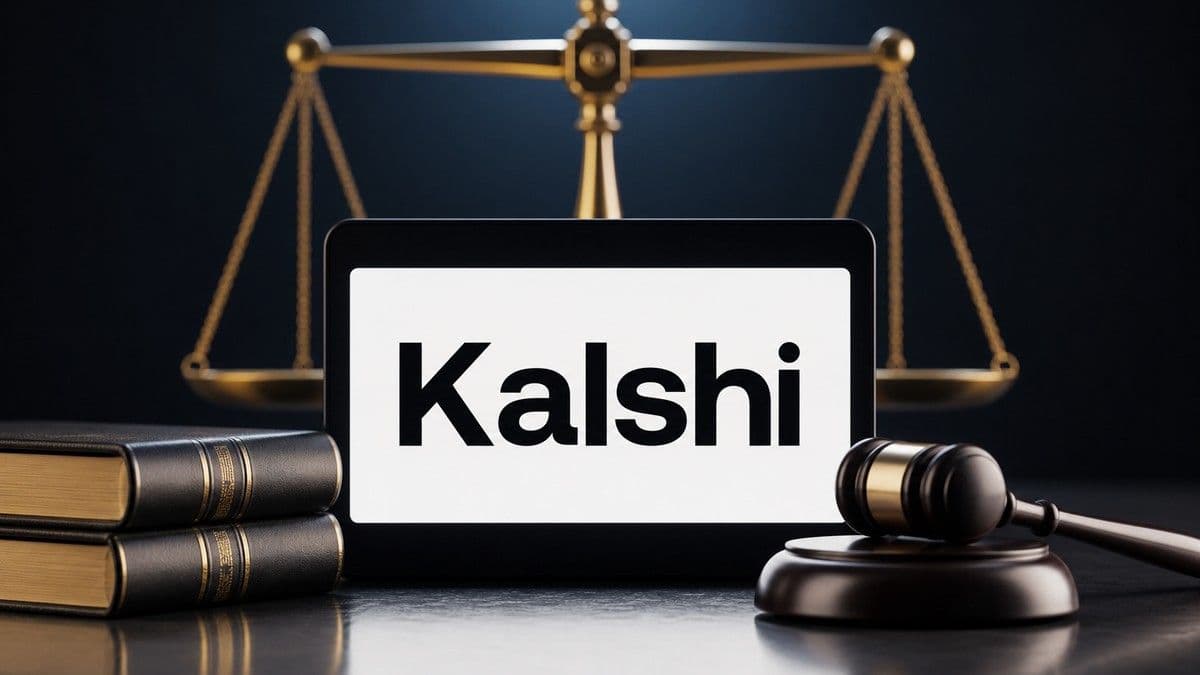 Documentos judiciales y logotipo de Kalshi sobre un fondo con mapa de Utah y cifras financieras