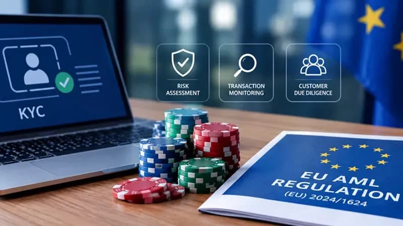 Regulatory documents and a €2,000 threshold highlighted on a digital report representing EU AML rules for gambling