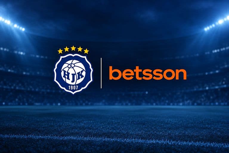Betsson and HJK logos side by side with Helsinki stadium in the background