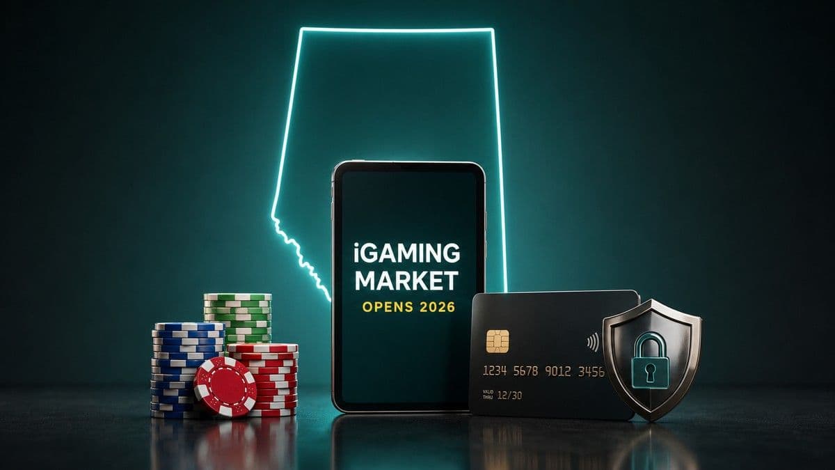 Hands holding a smartphone showing an online casino interface with payment icons and a government building silhouette in the background