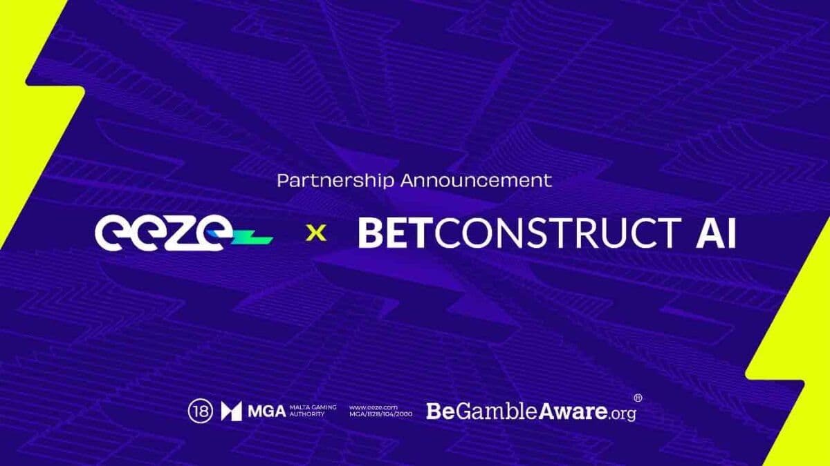 Eeze and BetConstruct logos with slot reels and live dealer studio visuals representing global distribution