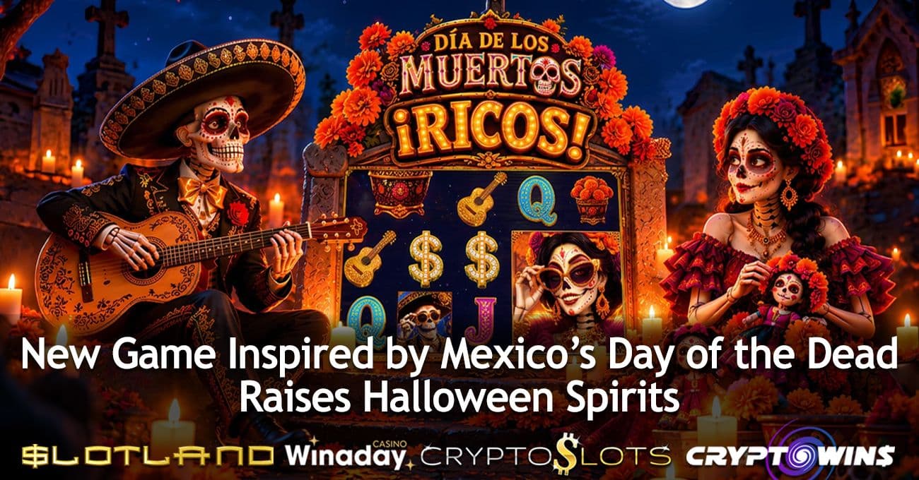 Portada del slot Día de los Muertos Ricos! mostrando calaveras y símbolos en una interfaz de casino online