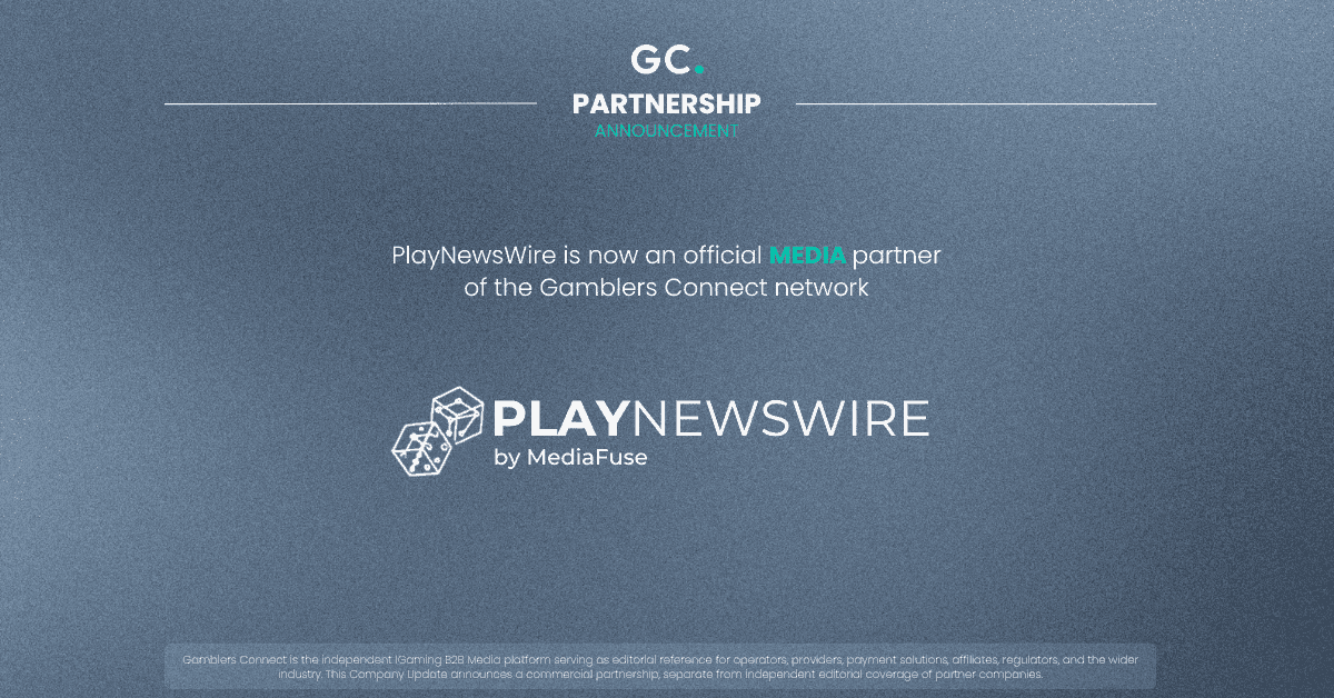 Logotipos de Gamblers Connect y PlayNewswire junto a iconos de iHub, noticias y boletines en LinkedIn