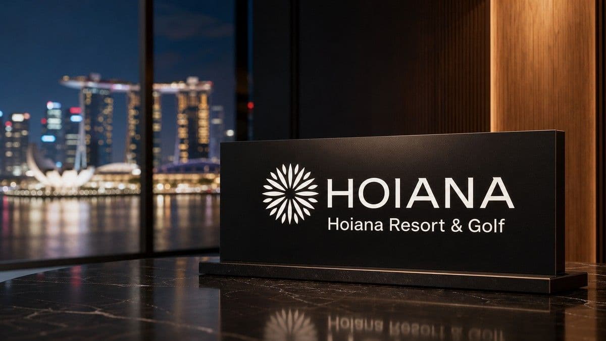 Hoiana Resort & Golf promotional event in Singapore showing resort visuals and executives speaking to guests