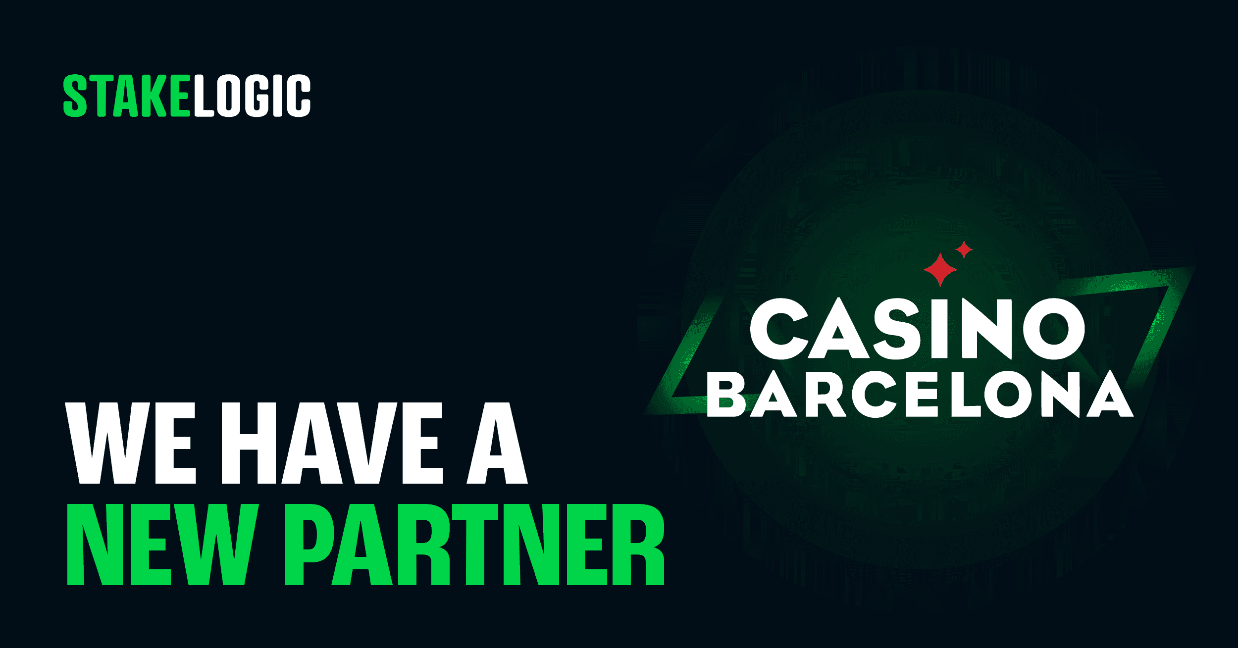 Logotipos de Stakelogic y Casino Barcelona anunciando la integración de slots en la plataforma online