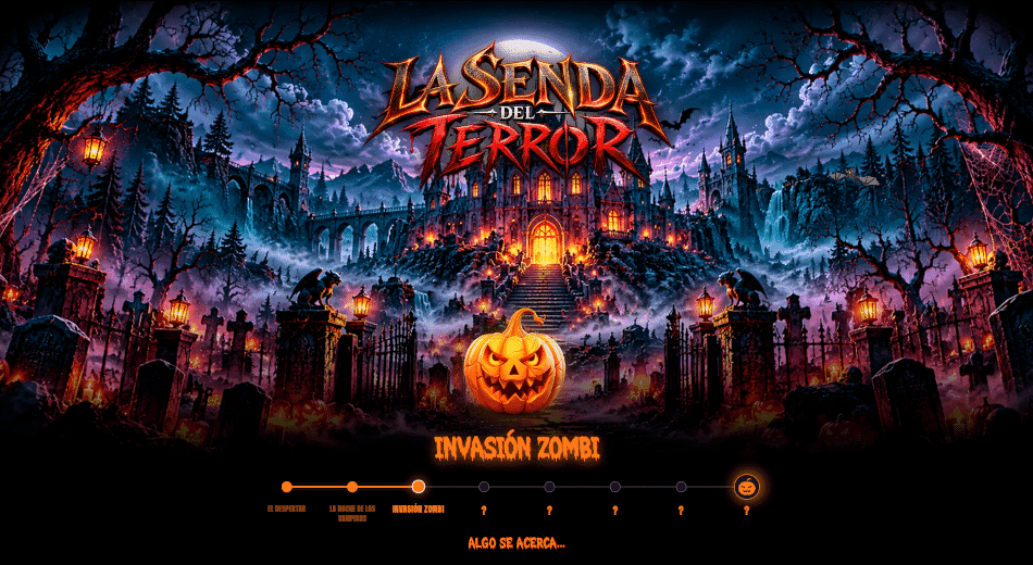 Cartel promocional de La Senda del Terror de Emotiva con calabazas y logotipos de Emotivacasino.es