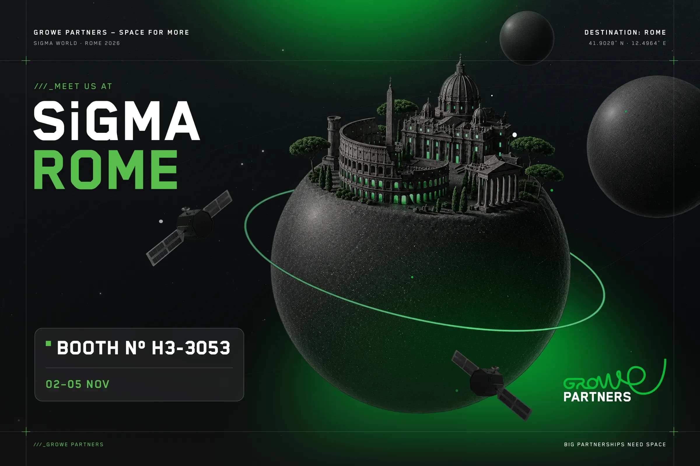 Growe Partners multiverse exhibit concept with branded zones, merch and a meet-and-greet area at SiGMA Rome