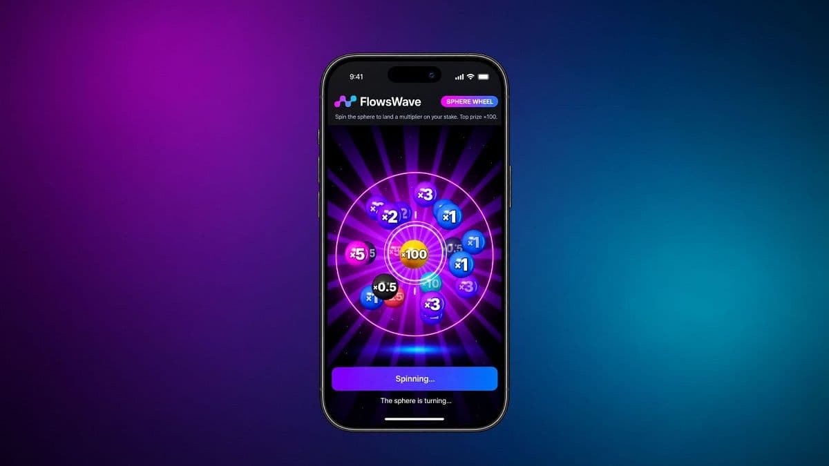 FlowsWave Sphere Wheel 3D spin-wheel mini-game visualisation on a mobile screen with configurable prize segments