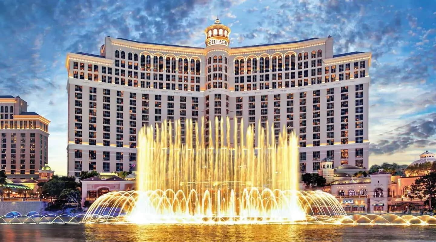MGM Resorts financial report and Las Vegas Strip skyline with corporate branding