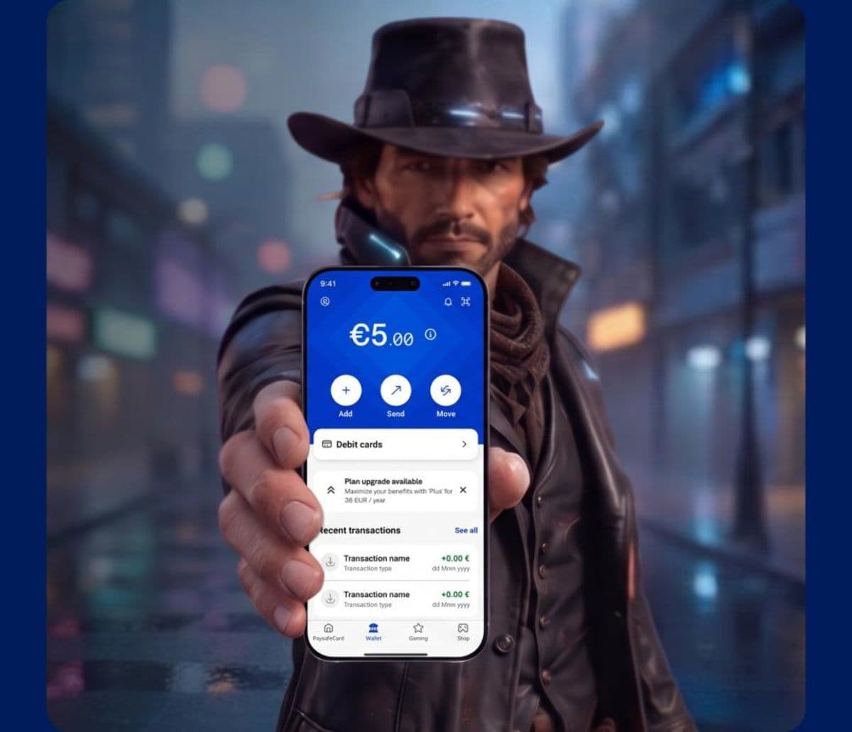 Tarjeta y teléfono mostrando la aplicación PaysafeCard y la marca PaysafeWallet sobre un mapa de Europa