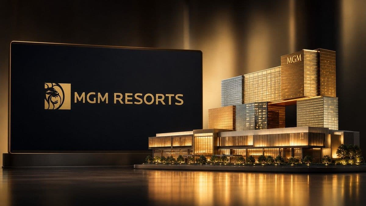Rendering of the MGM Osaka integrated resort under construction with city skyline in the background