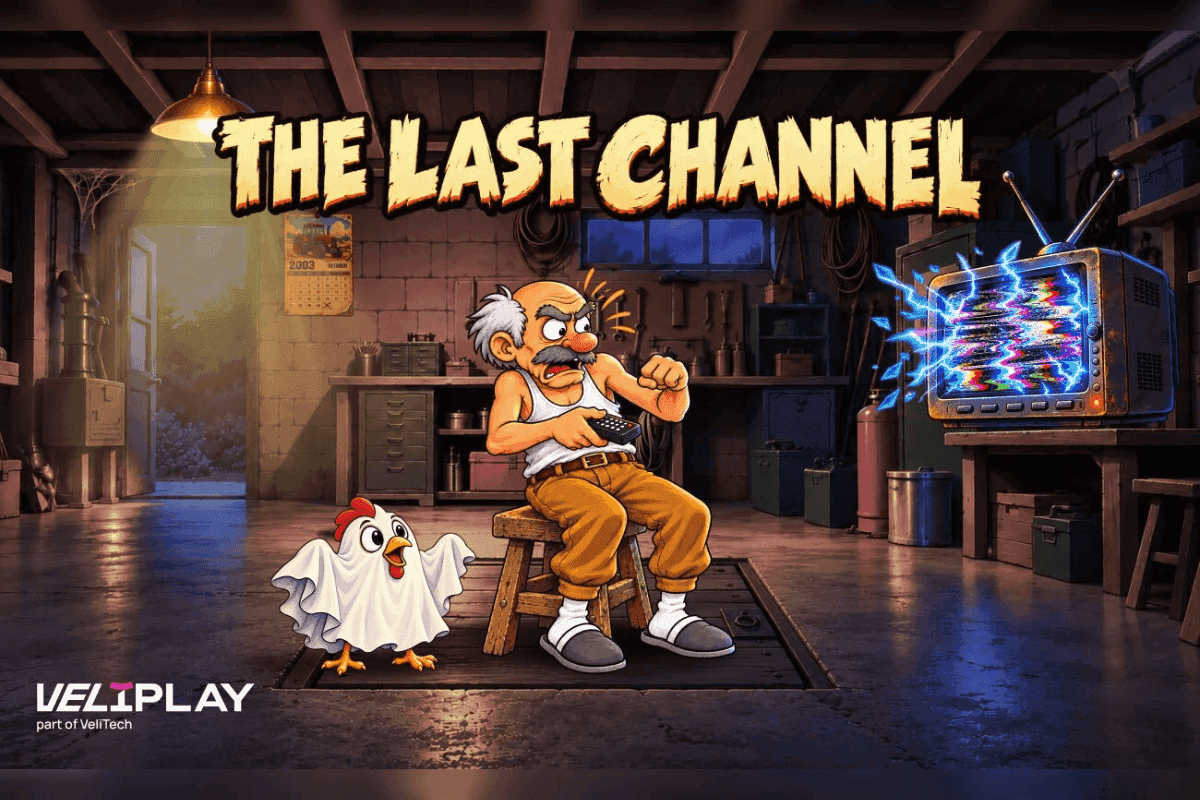 VeliPlay promotional artwork for The Last Channel Instant Game showing a chaotic TV remote and channel icons