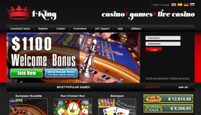 1King Casino website screenshot