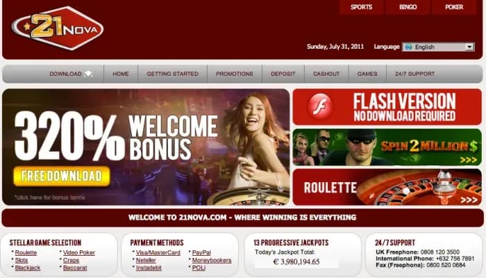 21 Nova Casino website screenshot